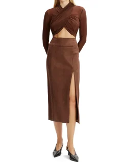 Dante High Waist Split Vegan Suede Midi Skirt