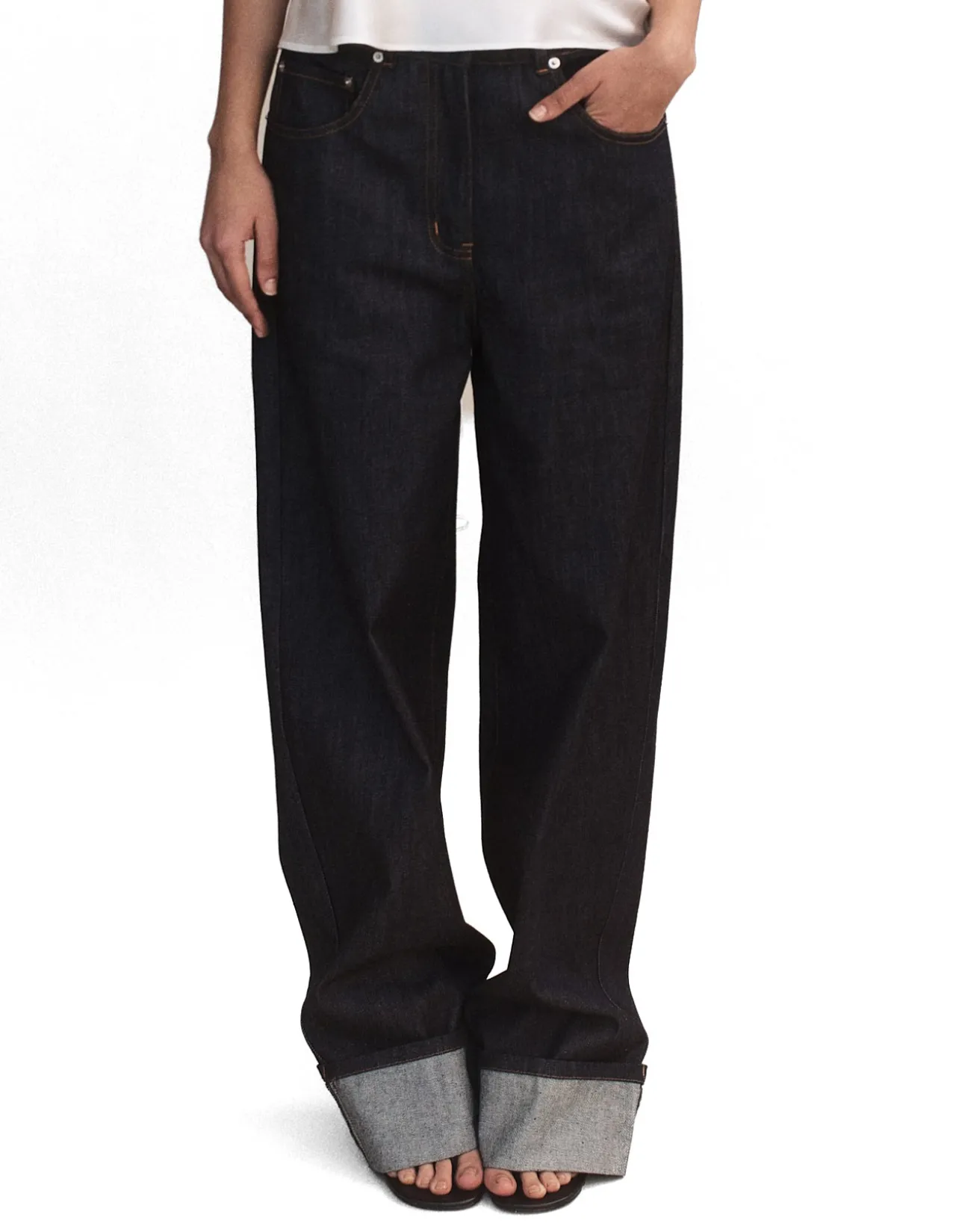 Dione Raw Indigo Barrel Leg Fold Up Jeans