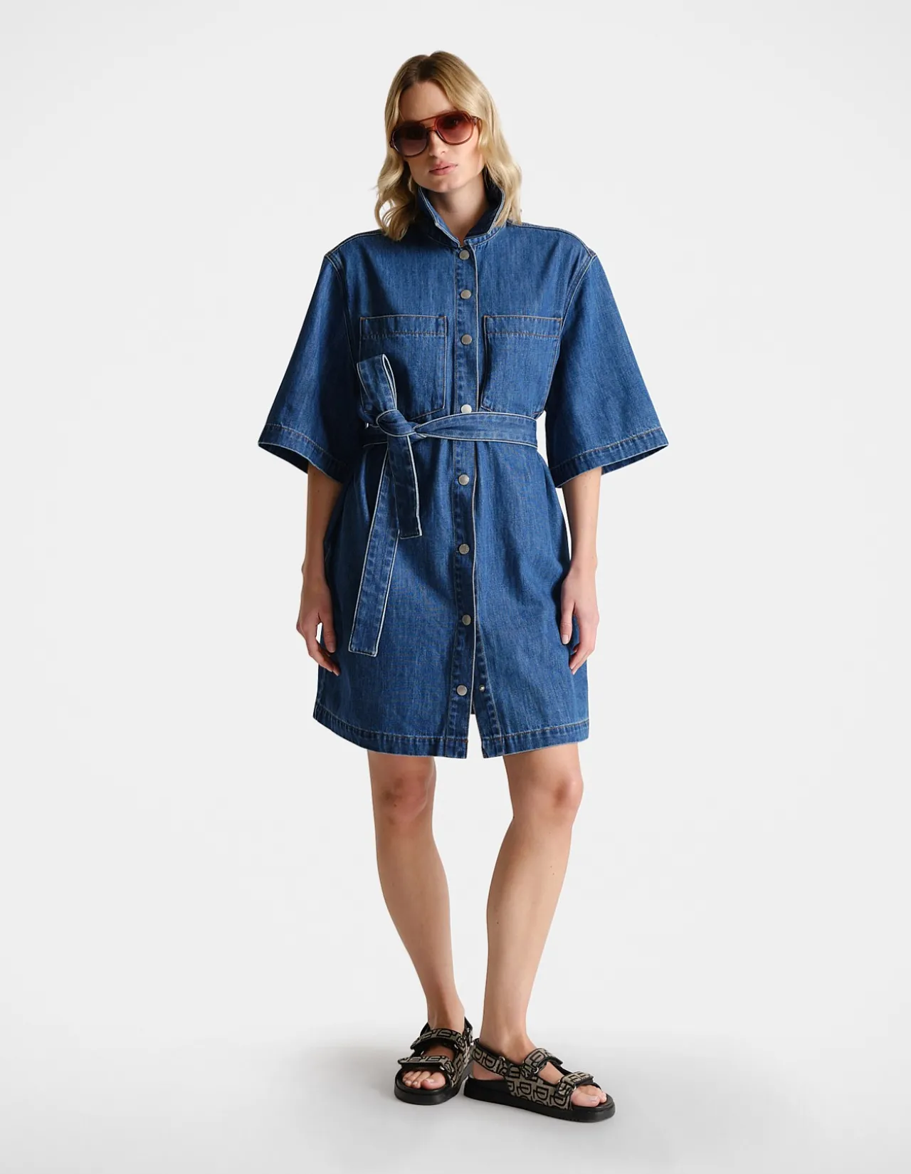 D-Luxe Denim Belted Button Front Short Dress