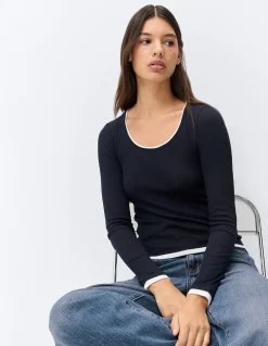 Double Layer Long Sleeve Top: Casual 100% Cotton Scoop Neck Layered