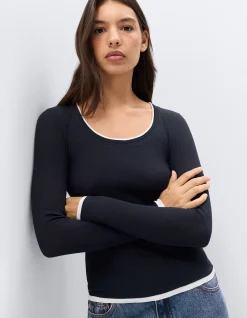 Double Layer Long Sleeve Top: Casual 100% Cotton Scoop Neck Layered