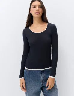 Double Layer Long Sleeve Top: Casual 100% Cotton Scoop Neck Layered
