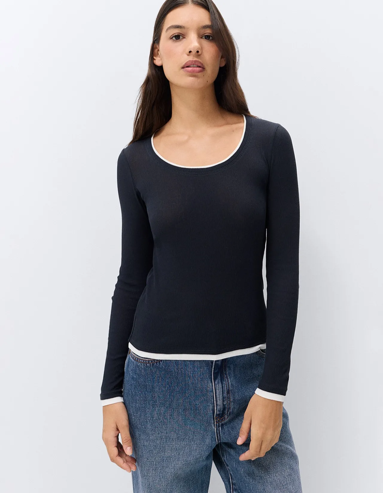 Double Layer Long Sleeve Top: Casual 100% Cotton Scoop Neck Layered