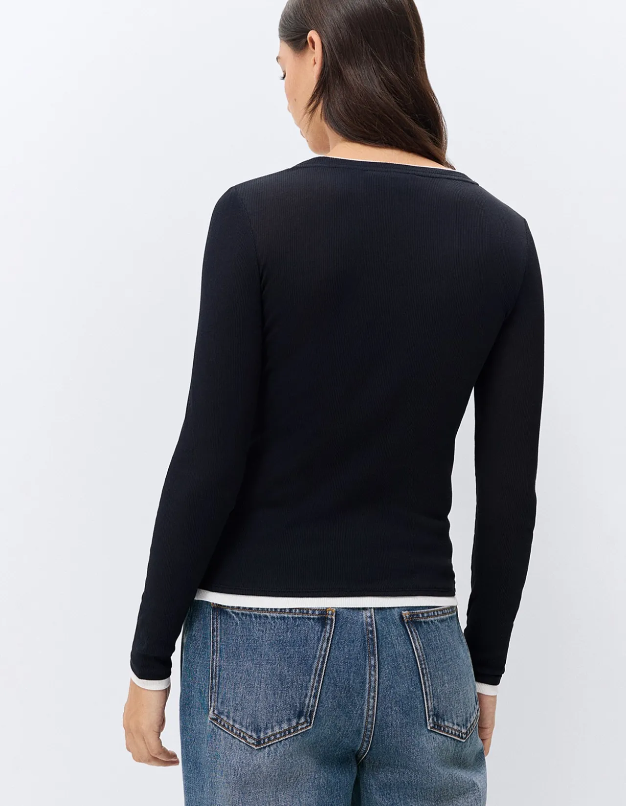 Double Layer Long Sleeve Top: Casual 100% Cotton Scoop Neck Layered