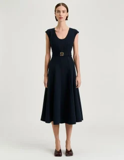 DOUBLE WEAVE SCOOP NECK MIDI DRESS