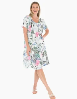 Dusk Jungle Gathered Waist Linen Blend Dress