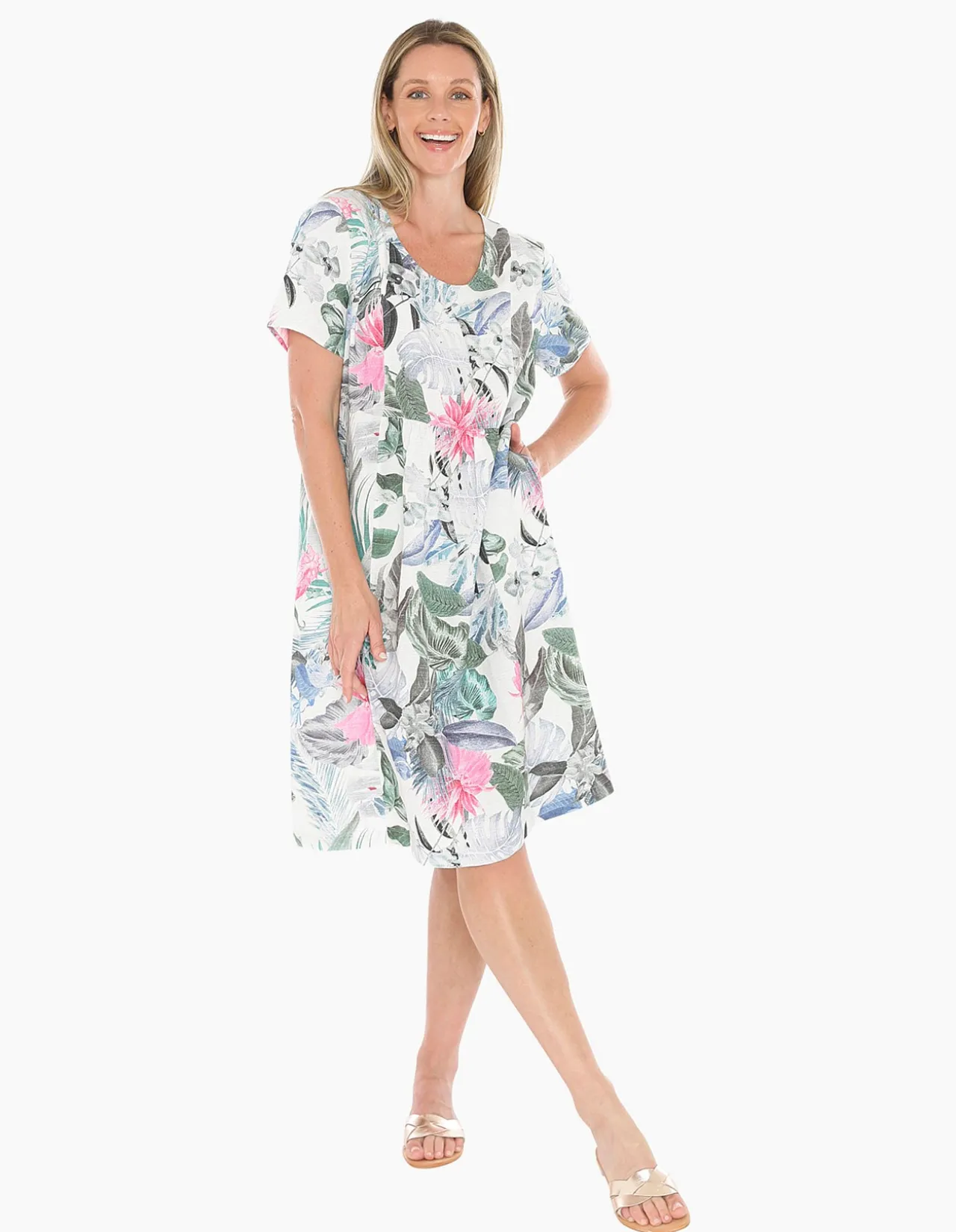 Dusk Jungle Gathered Waist Linen Blend Dress