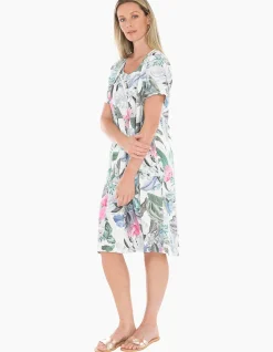 Dusk Jungle Gathered Waist Linen Blend Dress