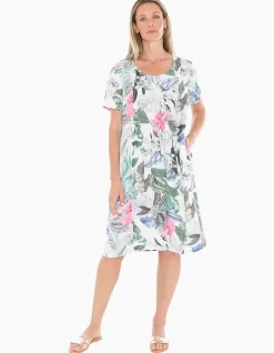 Dusk Jungle Gathered Waist Linen Blend Dress
