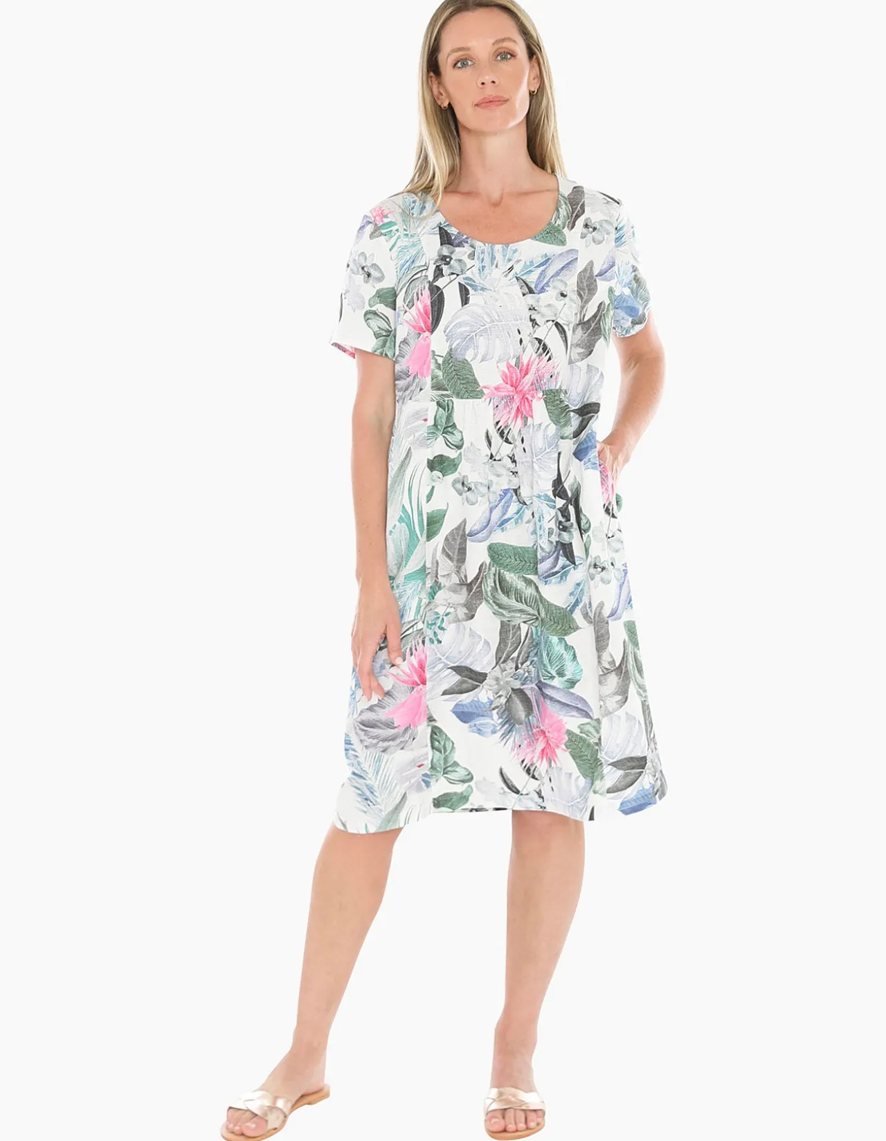 Dusk Jungle Gathered Waist Linen Blend Dress
