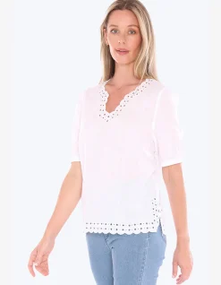 Eyelet Detail Linen Split Neck Top