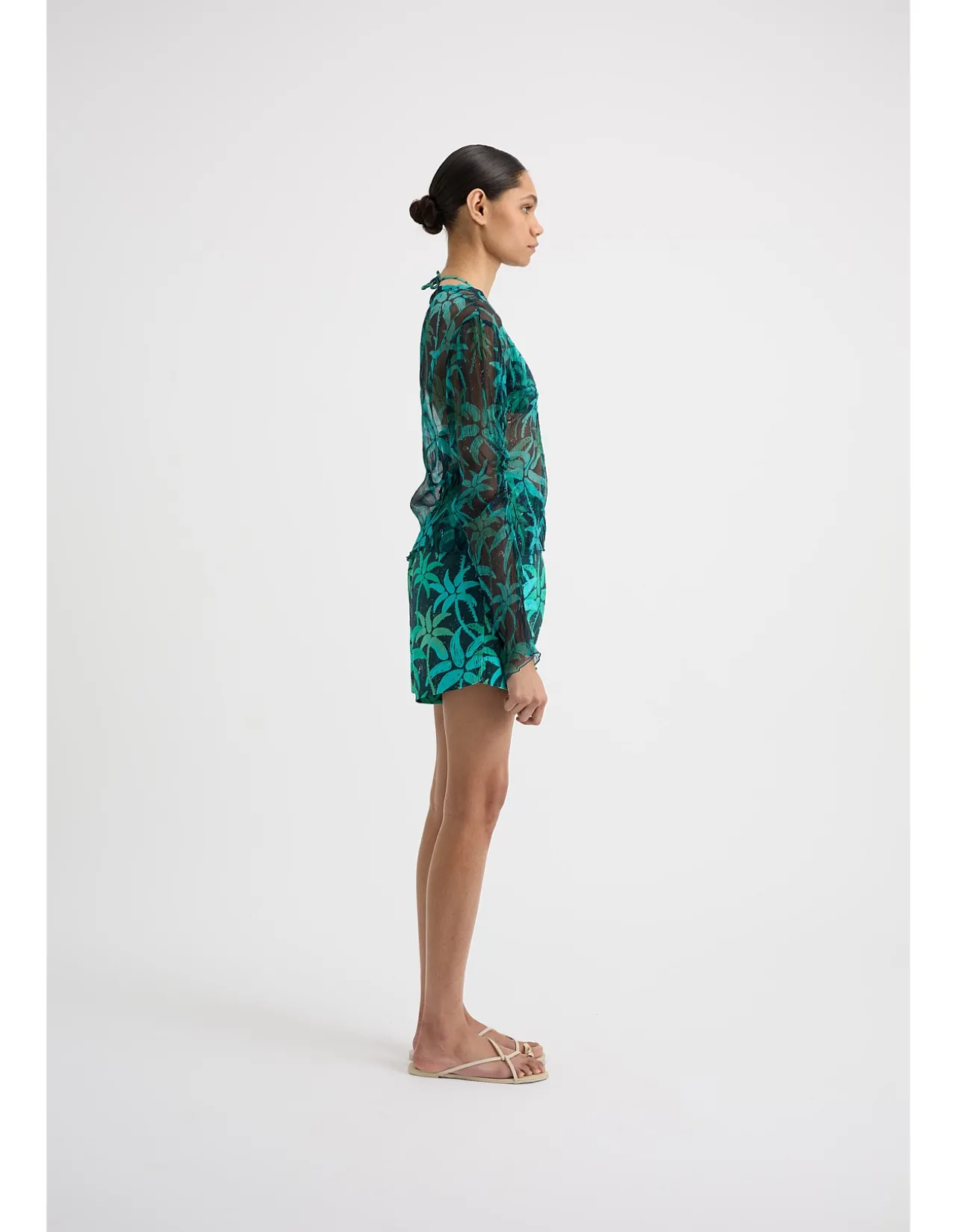 Fan Long Sleeve Sheer Top with Palm Print