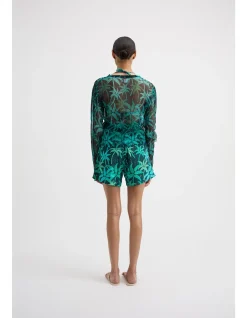 Fan Long Sleeve Sheer Top with Palm Print