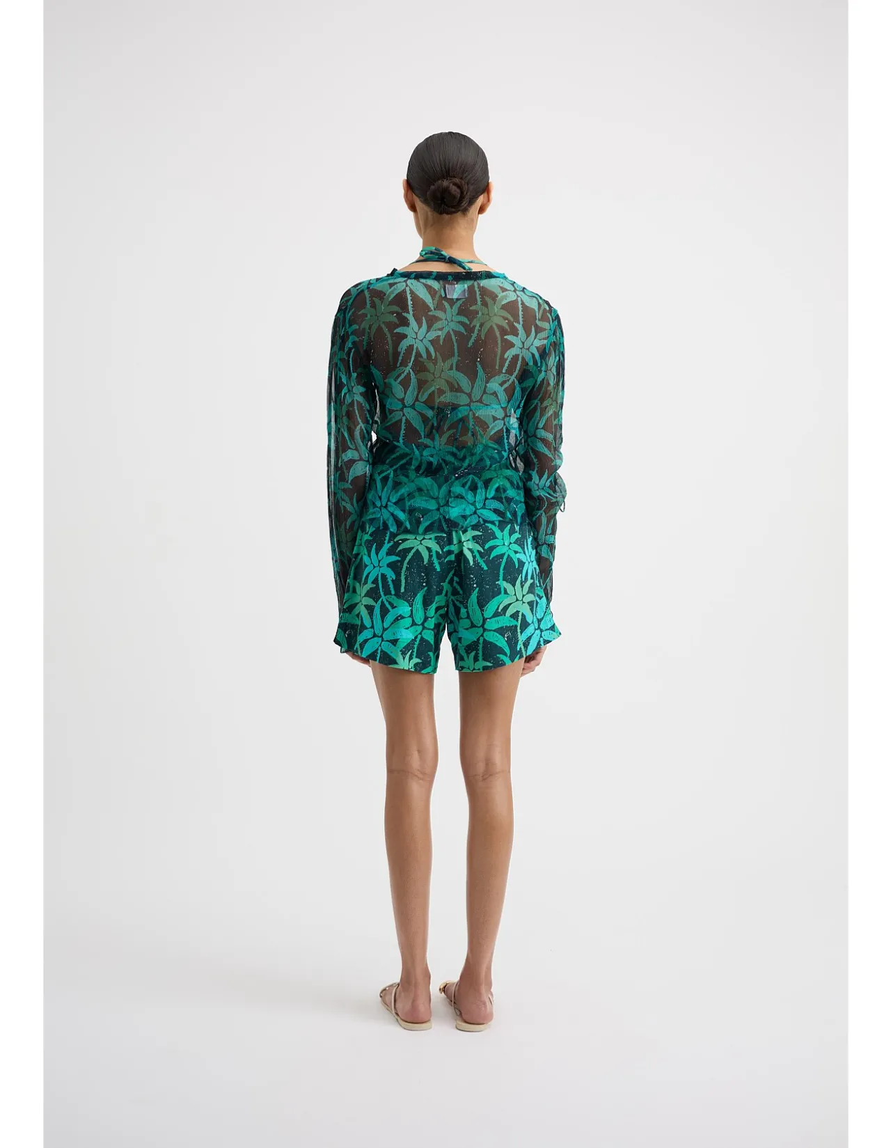 Fan Long Sleeve Sheer Top with Palm Print
