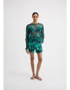 Fan Long Sleeve Sheer Top with Palm Print