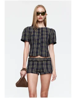 Femme Plaid Puff Sleeve Blouse