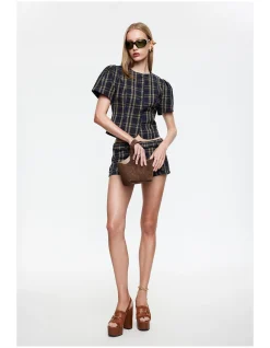 Femme Plaid Puff Sleeve Blouse