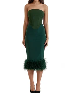Fionula Strapless Feather Hem Midi Dress