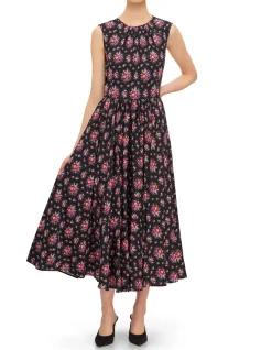 FLORAL PRINT HIGH NECK SL MIDI DRESS