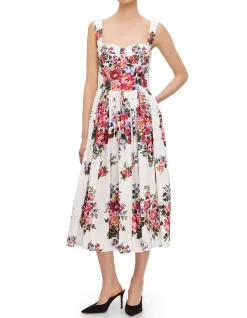 FLORAL PRINT SQUARE NECK SL MIDI DRESS