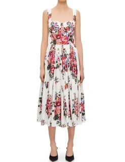 FLORAL PRINT SQUARE NECK SL MIDI DRESS