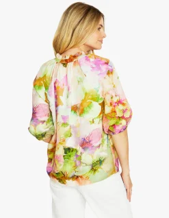 Flowerbomb Linen Blend Floral Short Sleeve Top