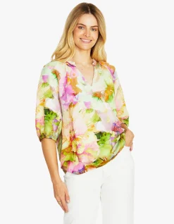 Flowerbomb Linen Blend Floral Short Sleeve Top
