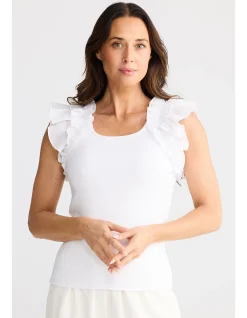 Frills Ribbed Cotton Ruffle Shoulder Tank