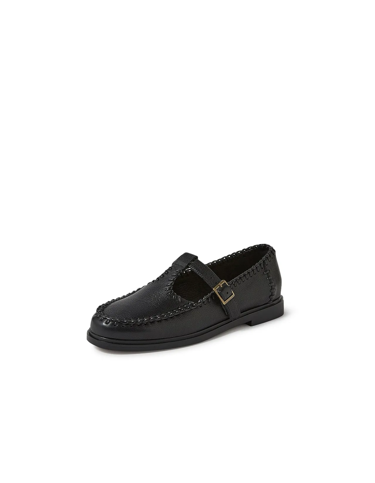 Glossed Stitch Detail T Bar Leather Flats