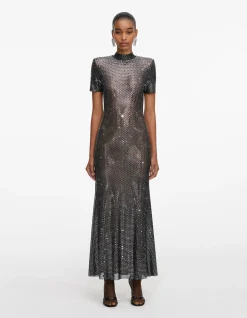 GUNMETAL RHINESTONE MESH MIDI DRESS