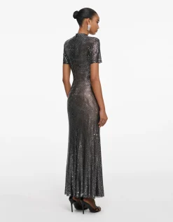 GUNMETAL RHINESTONE MESH MIDI DRESS