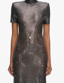 GUNMETAL RHINESTONE MESH MIDI DRESS