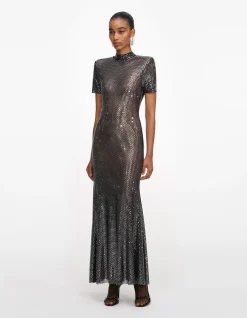 GUNMETAL RHINESTONE MESH MIDI DRESS