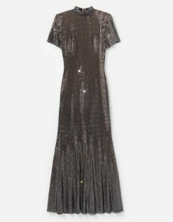 GUNMETAL RHINESTONE MESH MIDI DRESS