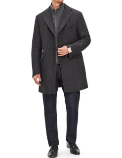 Herringbone Wool Stretch Overcoat With Chest Piece