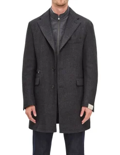 Herringbone Wool Stretch Overcoat With Chest Piece