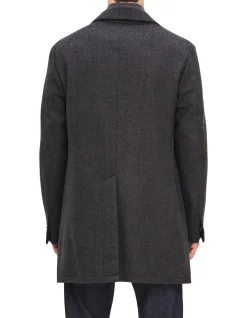 Herringbone Wool Stretch Overcoat With Chest Piece