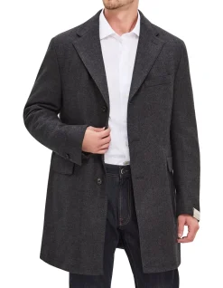 Herringbone Wool Stretch Overcoat With Chest Piece