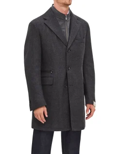 Herringbone Wool Stretch Overcoat With Chest Piece