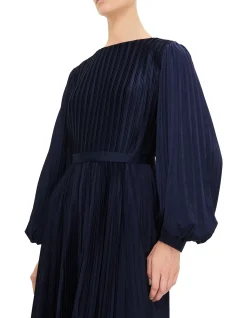 HIGH NECK BISHOP SLEEVE PLEATED MIDI DRESS