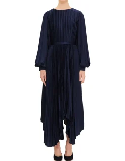HIGH NECK BISHOP SLEEVE PLEATED MIDI DRESS