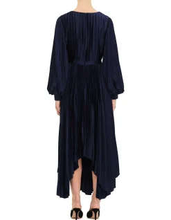 HIGH NECK BISHOP SLEEVE PLEATED MIDI DRESS