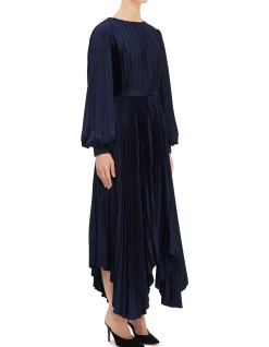 HIGH NECK BISHOP SLEEVE PLEATED MIDI DRESS