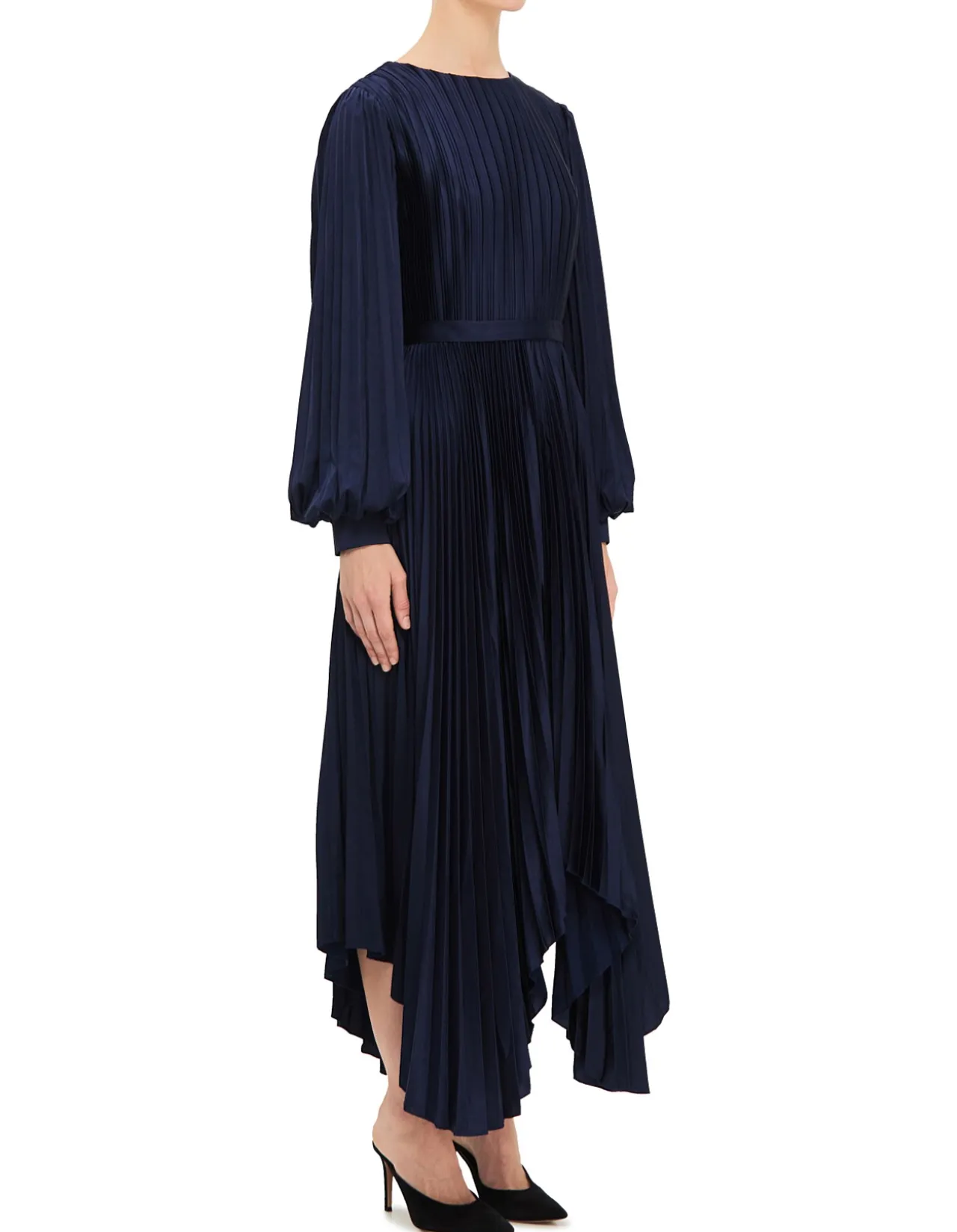 HIGH NECK BISHOP SLEEVE PLEATED MIDI DRESS