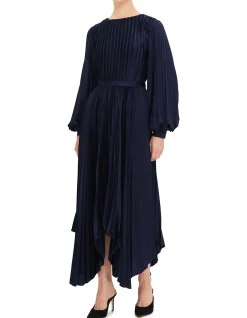 HIGH NECK BISHOP SLEEVE PLEATED MIDI DRESS