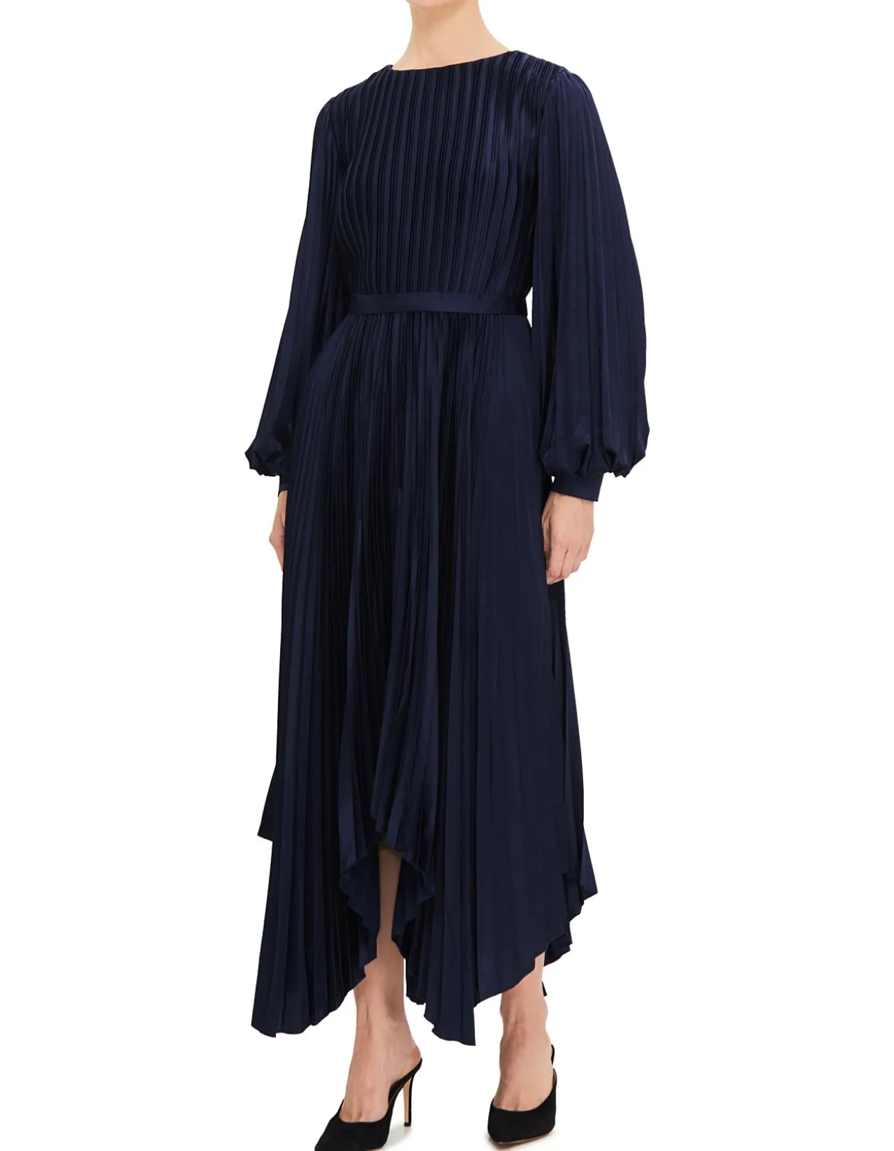 HIGH NECK BISHOP SLEEVE PLEATED MIDI DRESS