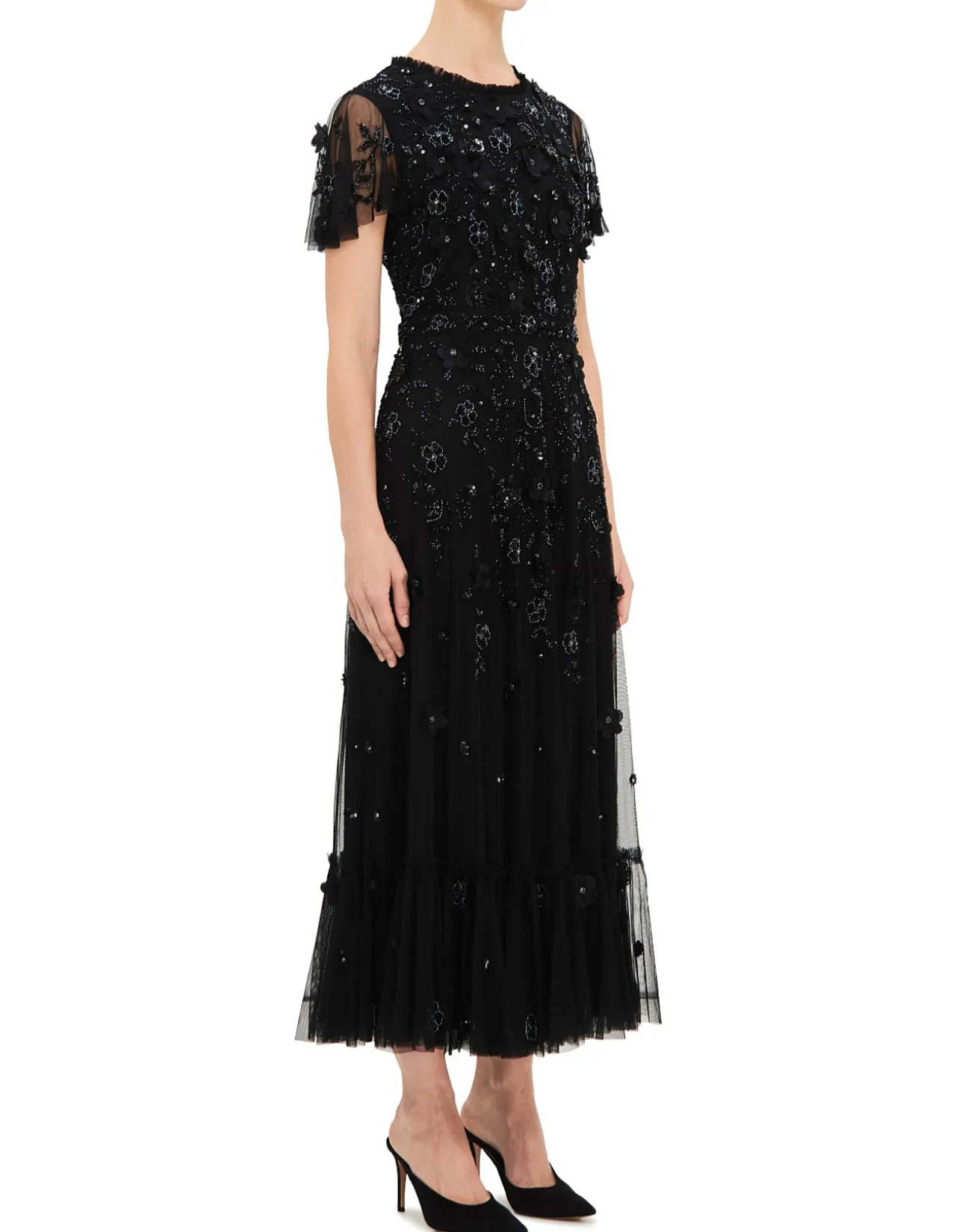 HIGH NECK FLUTTER SLEEVE MIDI DRESS