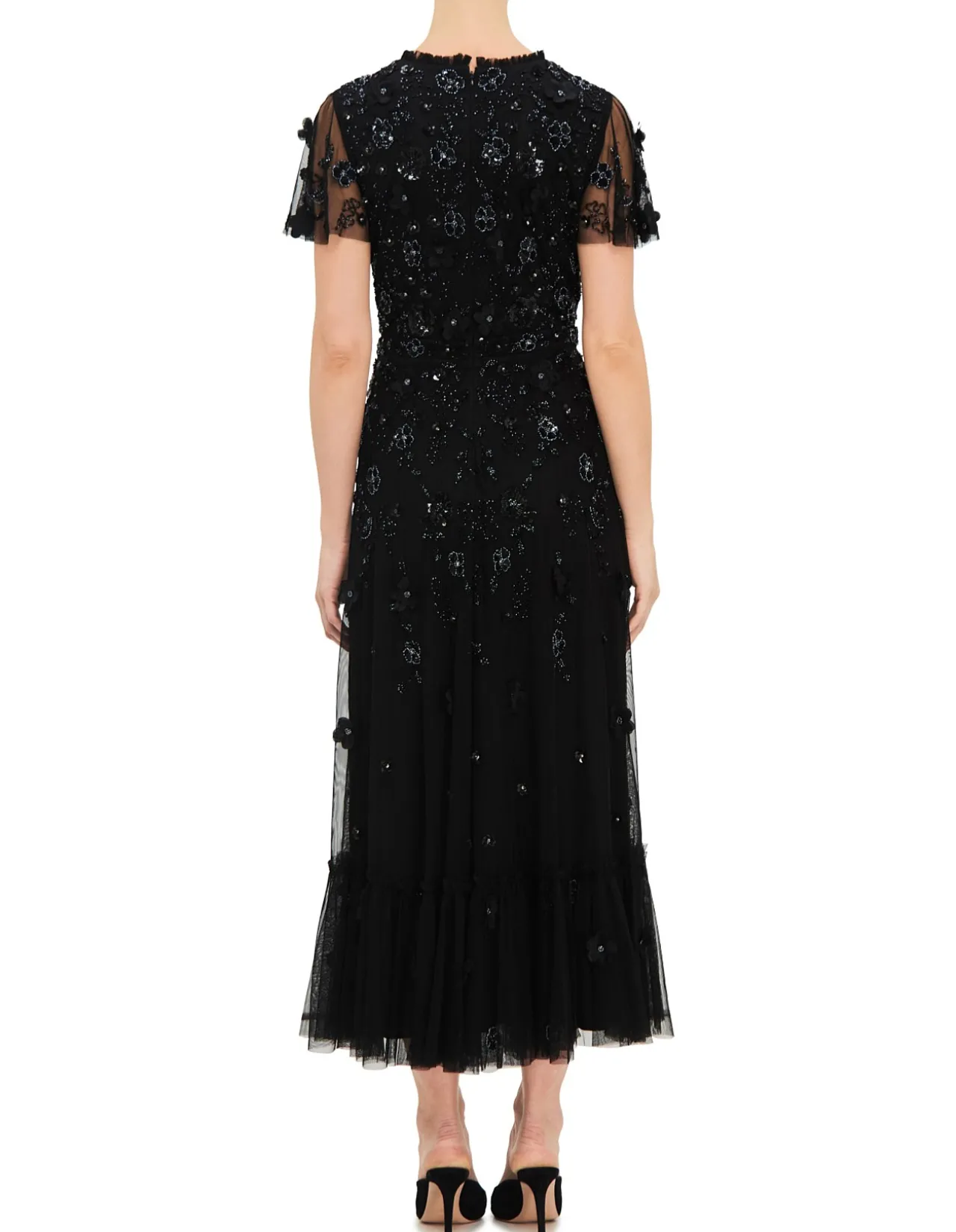 HIGH NECK FLUTTER SLEEVE MIDI DRESS