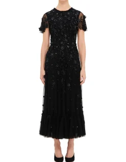 HIGH NECK FLUTTER SLEEVE MIDI DRESS