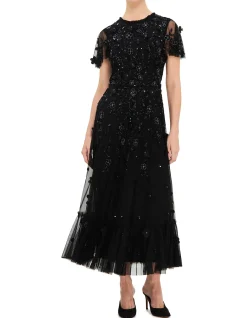 HIGH NECK FLUTTER SLEEVE MIDI DRESS